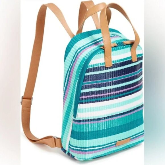 Vera Bradley Straw Mini Totepack Backpack Spring Mint Stripe Beautiful NWT!